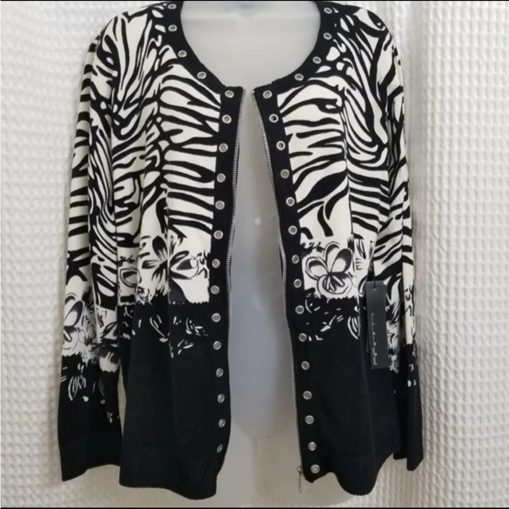 NWT Pierri NY cardigan black/white zebra print with grommets and zipper XL - Picture 2 of 8
